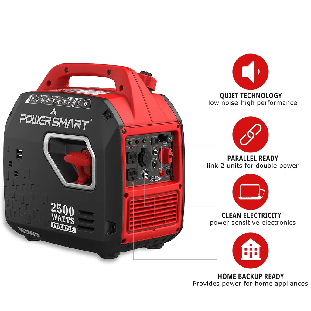 PowerSmart 2500W Portable Inverter Gas Generator，Super Quiet，Low Oil Shutdown, Ultra Lightweight for Camping