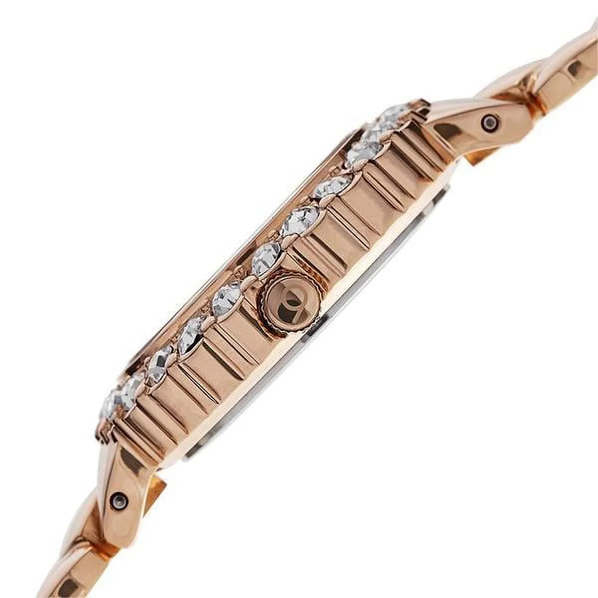 Women's BUR113RG Crystal Accented Rose Gold Swiss Quartz Watch with White Mother of Pearl Dial and Rose Gold Bracelet