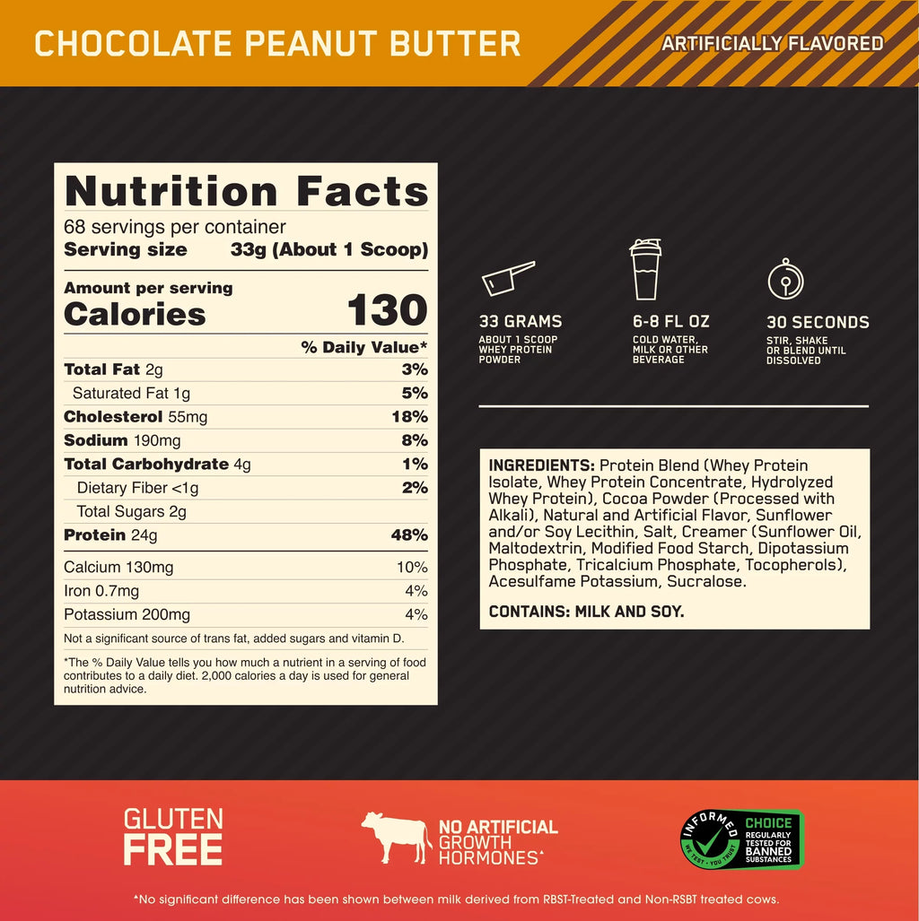 Optimum Nutrition, Gold Standard 100% Whey Protein Powder, Chocolate Peanut Butter, 5 lb, 68 Servings