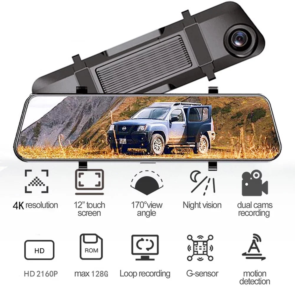 G·PEH US 4K WiFi Mirror GPS Dash Cam 12" Voice Control Car RearView Backup Dual