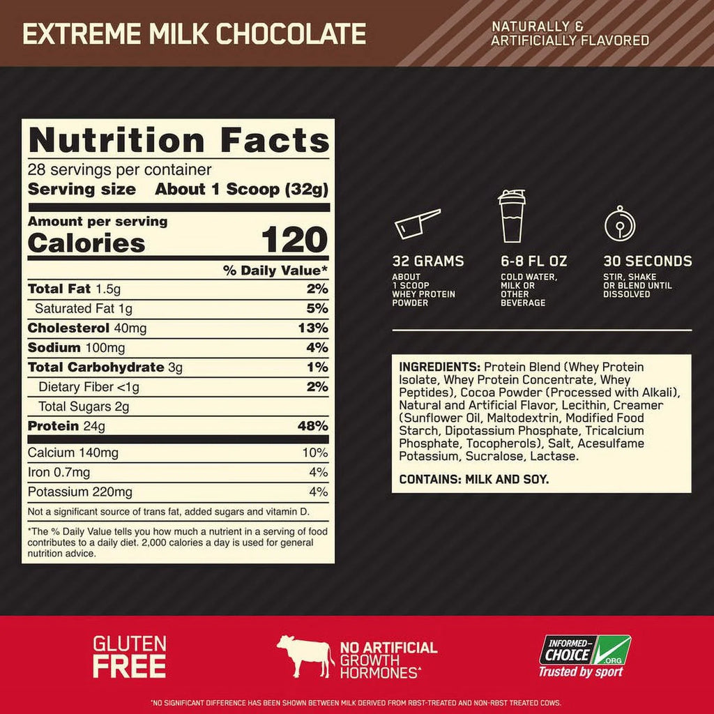 Optimum Nutrition, Gold Standard 100% Whey Protein Powder, 24g Protein, Extreme Milk Chocolate, 2 lb, 28 Servings