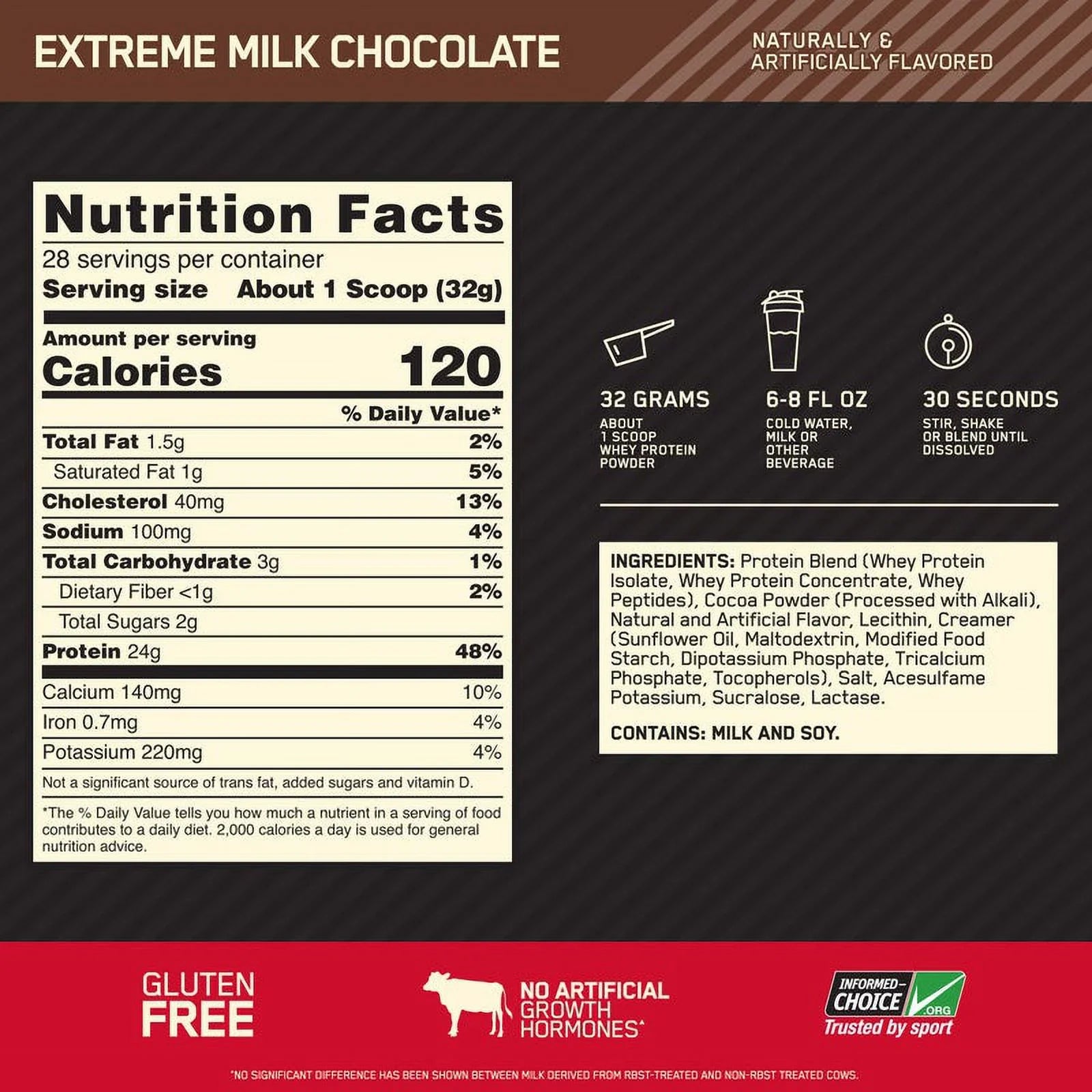 Optimum Nutrition, Gold Standard 100% Whey Protein Powder, 24g Protein, Extreme Milk Chocolate, 2 lb, 28 Servings