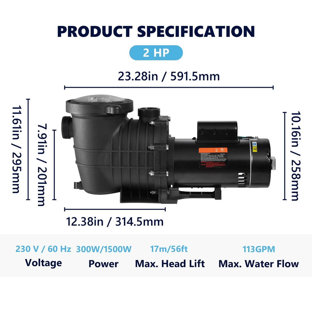 SKYSHALO Swimming Pool Pump, 2 HP 230 V, 1500 W Double Speed Pump for in/Above Ground Pool w/ Strainer Basket, 5520 GPH Max. Flow, Certification of ETL for Security