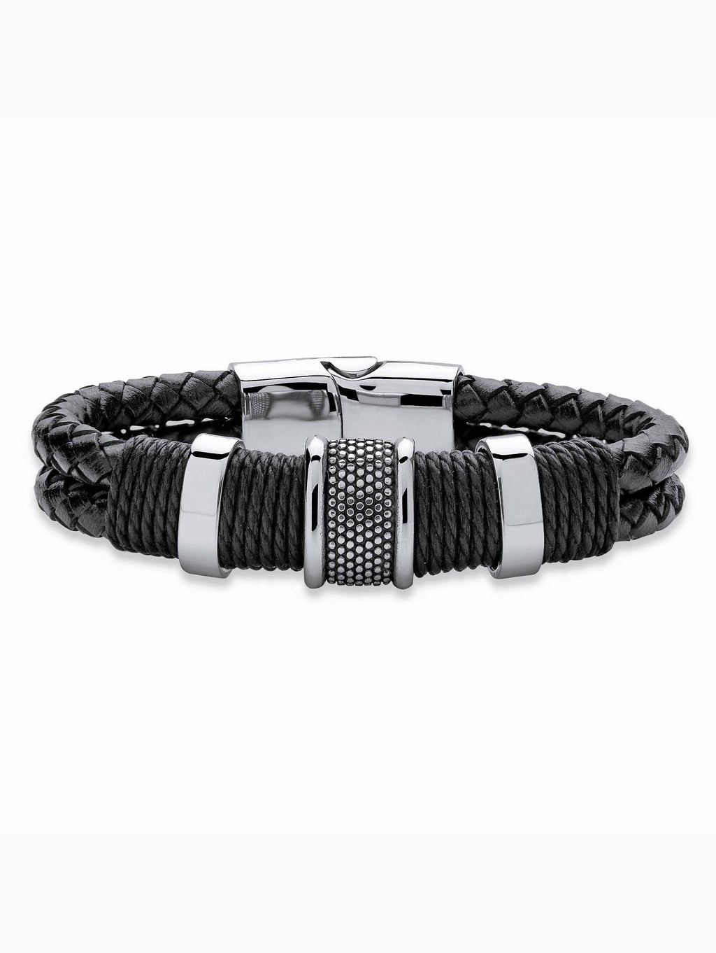 PalmBeach Jewelry Men's Tribal Bracelet With Magnetic Clasp in Stainless Steel and Braided Black Leather 8"