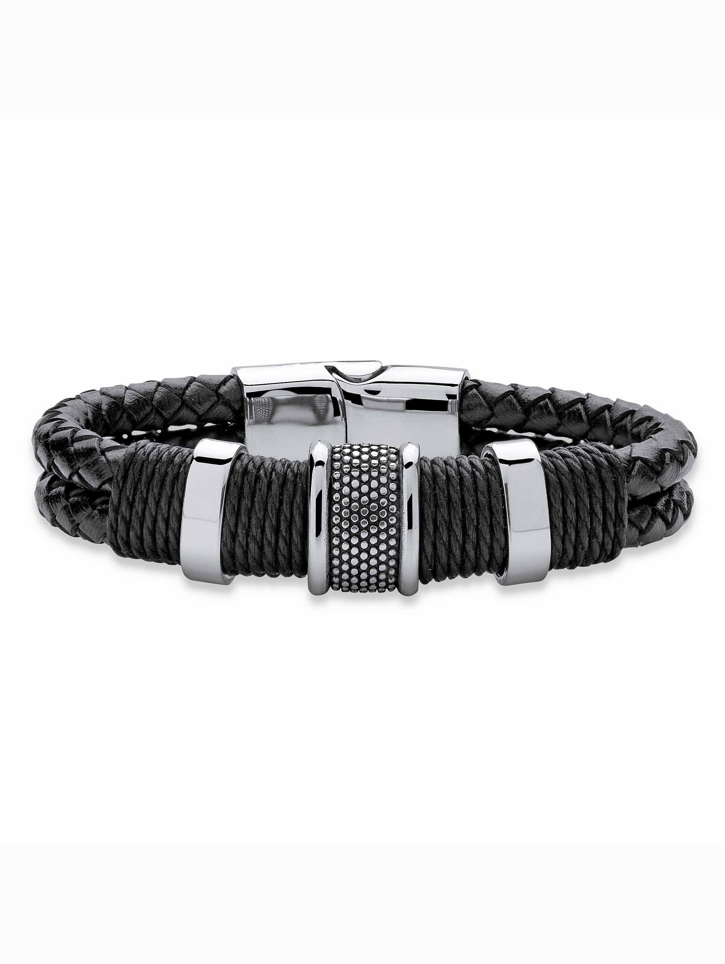 PalmBeach Jewelry Men's Tribal Bracelet With Magnetic Clasp in Stainless Steel and Braided Black Leather 8"