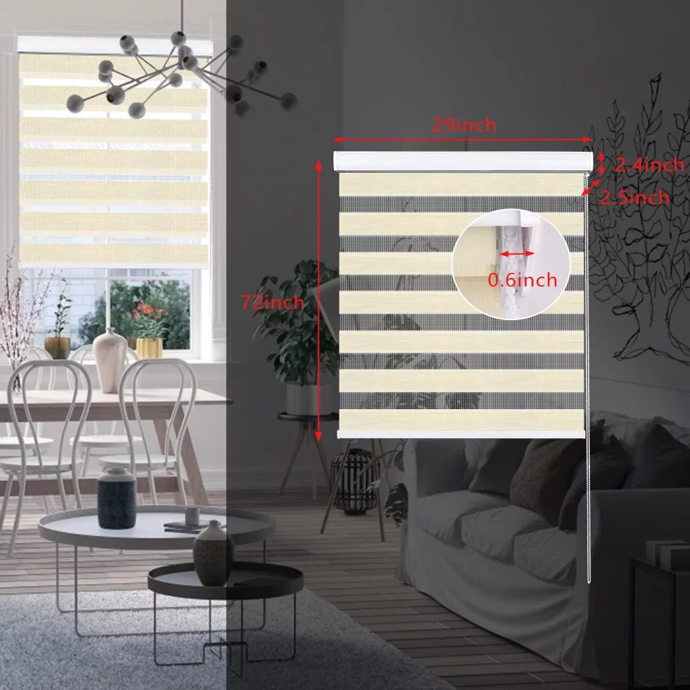 LUCKUP Zebra Blinds for Windows, Dual Layer Roller Sheer Shades Blinds for Day and Night, Light Control Window Treatments Shades with Valance Shield 29" W x 72" L, Striped Beige