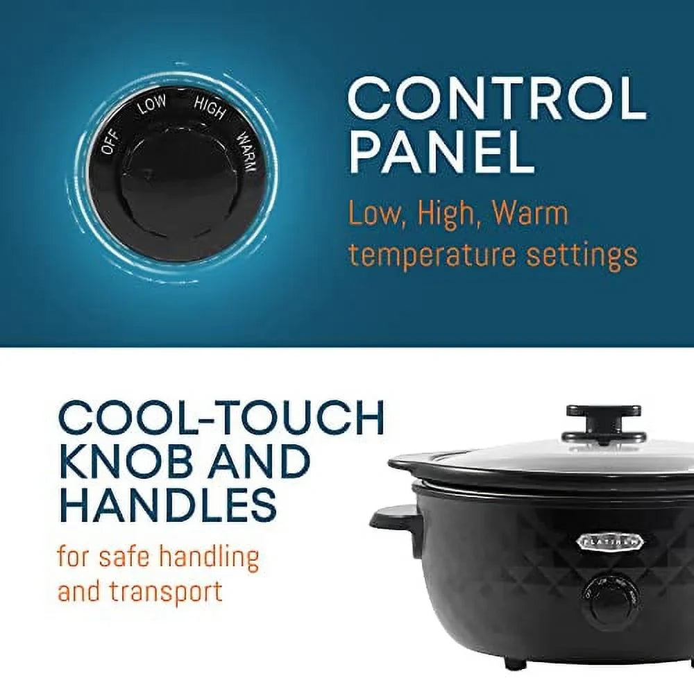 Elite Gourmet MST1234BX# Diamond Pattern Slow Cooker Removable, Dishwasher-Safe Stoneware Pot with Tempered Glass Lid, Cool-Touch Handles, 6 Quart, Charcoal Black