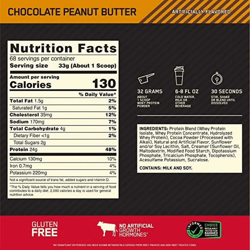 Optimum Nutrition, Gold Standard 100% Whey Protein Powder, Chocolate Peanut Butter, 5 lb, 68 Servings