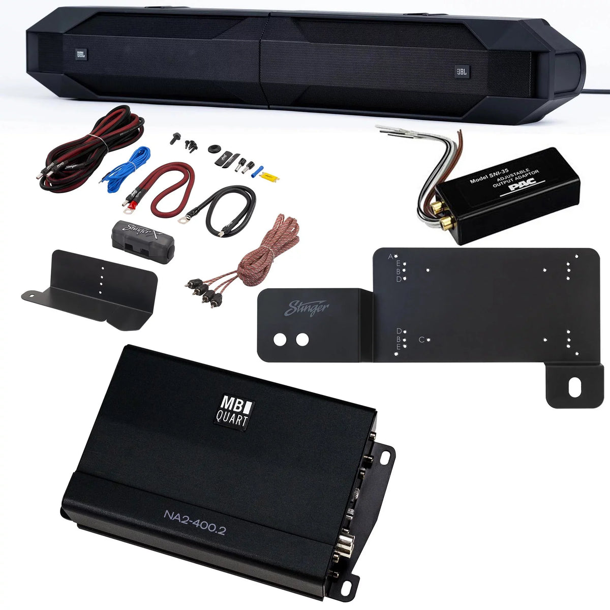 JBL JBLBB4005D - 5-Door Passive Sound Bar Matching with Bronco with MB Quart NA2-400.2 compact Two Channel, 400 watt Powersports amplifier and Bronco Install Accessories