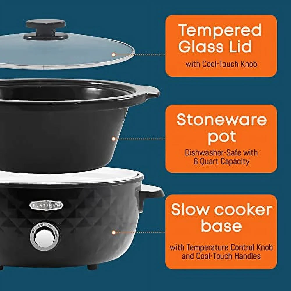 Elite Gourmet MST1234BX# Diamond Pattern Slow Cooker Removable, Dishwasher-Safe Stoneware Pot with Tempered Glass Lid, Cool-Touch Handles, 6 Quart, Charcoal Black