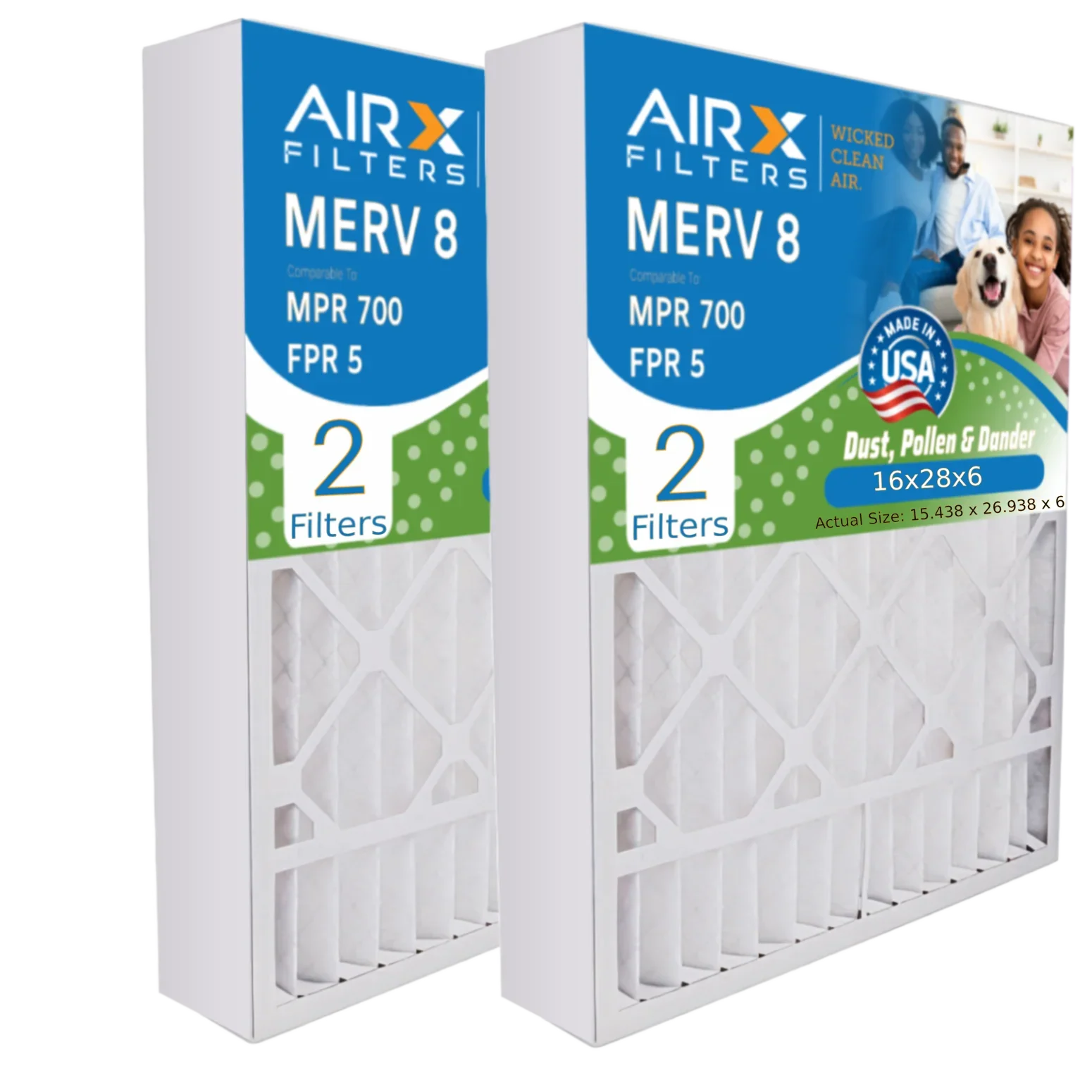 16x28x6 Air Filter MERV 8 Comparable to MPR 700 & FPR 5 Matching with Aprilaire 401 Premium USA Made 16x28x6 Furnace Filter 2 Pack by AIRX FILTERS WICKED CLEAN AIR.
